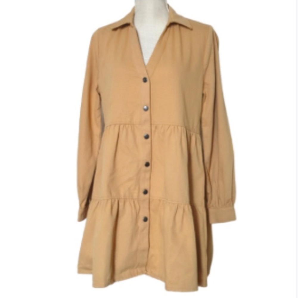 HYFVE camel color long sleeve collared tiered v-neck mini dress